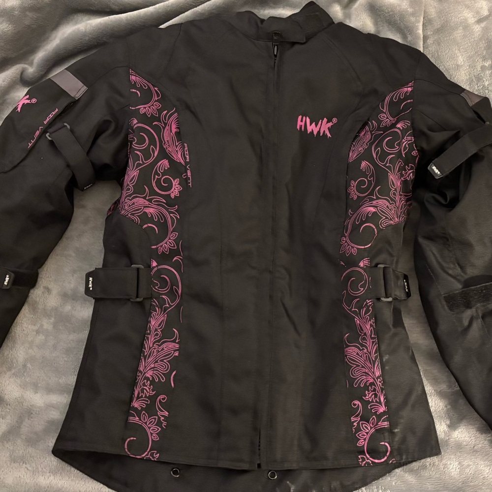 HWK Women's Black Motorcycle Jacket with Pink Floral Accents